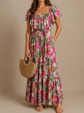 Baltic Born Sonoma Off Shoulder Maxi Tropical Floral Women’s Dress Medium